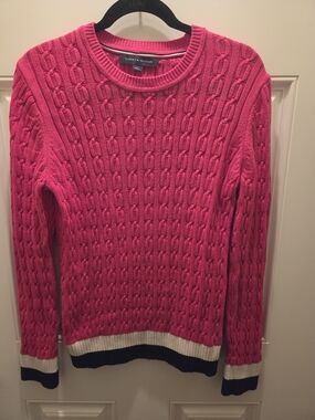 Tommy Hilfiger Pink Cable Knit Crewneck Sweater with Contrast Trim Medium